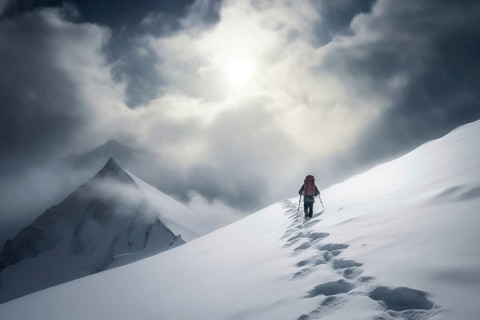 A mountaineer in mountains approaching a majestic snowy mountain peak amidst a snowfall and snow