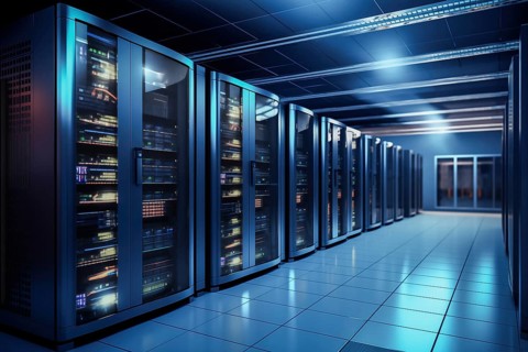 A modern data center with rows of server racks, high technology, artificial intelligence AI and