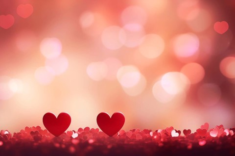 A beautiful and romantic background featuring two elegant red hearts against a soft, bokeh light