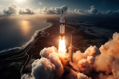Aerial view of a rocket launch at sunrise sunset over an ocean coast. The rocket is blasting off
