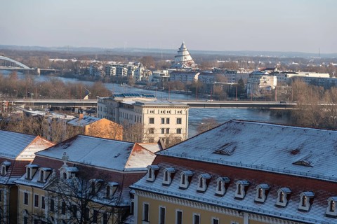 View across the Elbe to the Millennium Tower in the Elbauenpark, Magdeburg, Saxony-Anhalt, Germany,