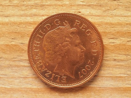2 pence coin, reverse side, currency of the UK