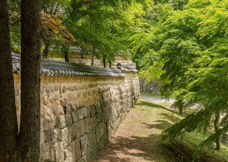 Tiled mud and stone temple wall shaded by beautiful lush trees in mountain forest park