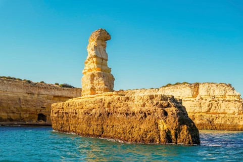 Beautiful limestone Algarve coast with caves and rock formation, Albufeira, south of Portugal