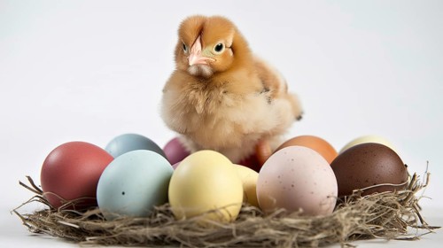 A cute chick perched on a nest with pastel-colored Easter eggs AI generated