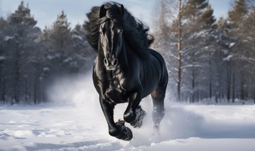 Black horse running on snow in winter landscape with forest in background AI generated