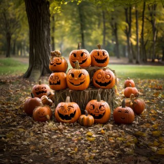 A collection of carved pumpkins in autumn mood, pumpkins with personality, AI-Generated &