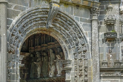 Side portal of the church, Enclos Paroissial parish of Guimiliau, Finistere Penn ar Bed department,