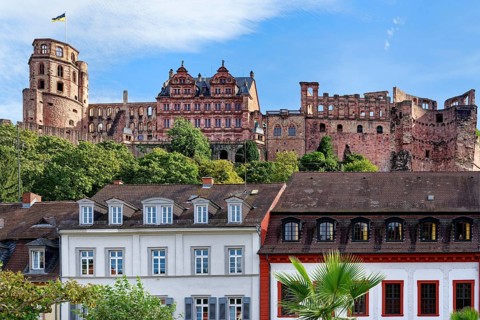Karl square with the Academy of Science and a view to Heidelberg castle, Heidelberg, Baden