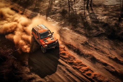 A dynamic aerial view of monster truck, with large tires, making its way off-road through rough