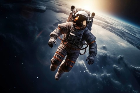Astronaut Floating Above Earth in Space with extravehicular mobility unit and backpack. Wonder and