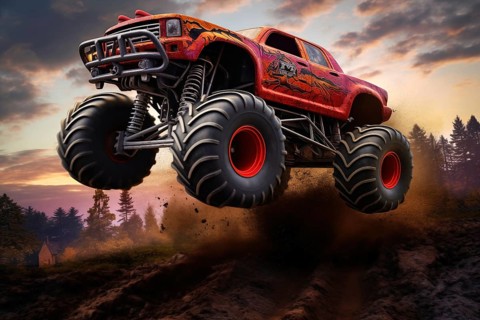 Monster truck driving and jumping outdoors amidst a cloud of dust. Thrill and adrenaline of an