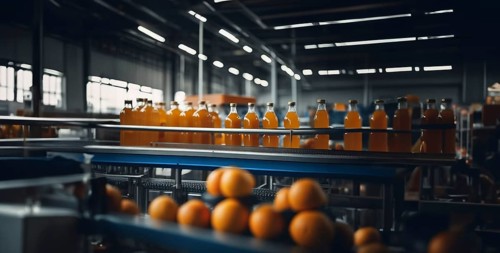 Production of juice from fruits and berries at the factory, conveyor with bottles of juice, AI