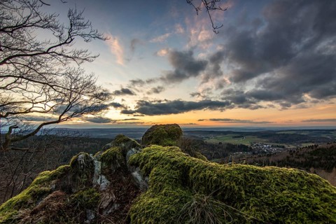 Landscape at the Grosser Zacken, Taunus volcanic region. A cloudy, sunny autumn day, meadows,