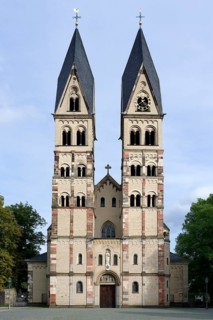 Two towers facade of St Castor Basilica, Coblenz, Rhineland Palatinate, Germany, Europe