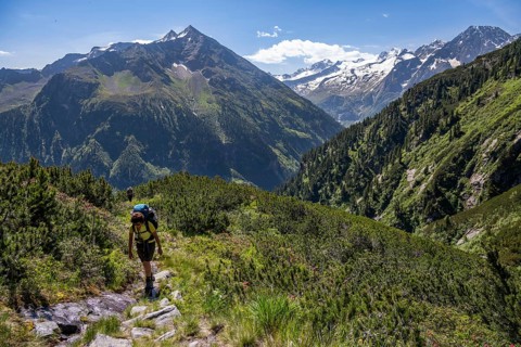 Mountaineer on hiking trail, Berliner Hoehenweg, summit Grosser Ingent and Grosser Greiner,