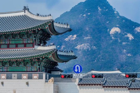 Seoul, South Korea, March 18, 2017:Tiled roof of Seoul's Gyeong Bok Gung Palace in stunning colors