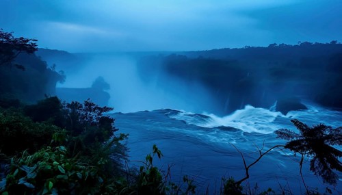 A serene twilight scene with a waterfall flowing from Inga fall in the democratic republic of Congo