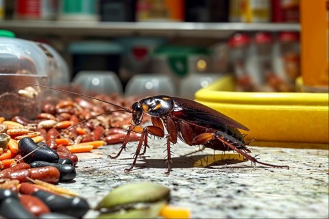 A cockroach (Blattodea) explores food in a kitchen, a common sign of a pest infestation, AI