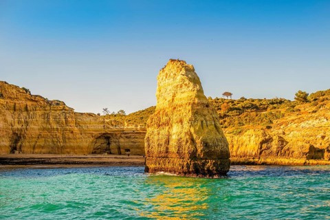 Beautiful limestone Algarve coast with caves and rock formation, Albufeira, south of Portugal