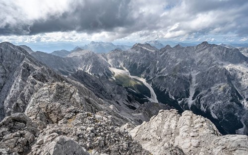 View of Wimbachgries valley and mountain panorama with rocky mountain peak of the Hochkalter, at