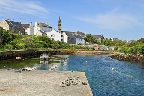 Boats in the small inland harbour of Lampaul, Ouessant Island, Finistere, Brittany, France, Europe