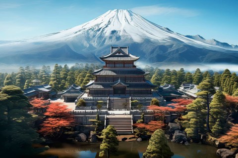 Shintoism Temple in front of Mount Fuji, Japan, AI Generated, AI generated, Asia