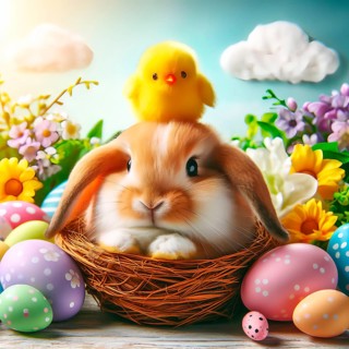 Easter, Easter festival, the Easter bunny sits with a chick in an Easter nest with colourful Easter