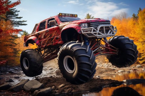 Monster truck driving and jumping outdoors amidst a cloud of dust. Thrill and adrenaline of an