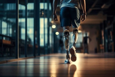 Amputee sportsman walking in corridor with bionic prosthetic legs prosthesis with robotic