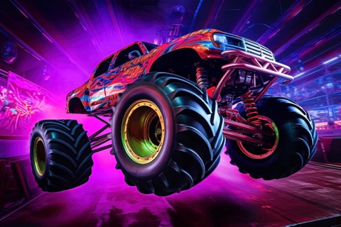 Monster truck with neon lighting, jumping off-road in cloud of dust. Excitement and thrill of an