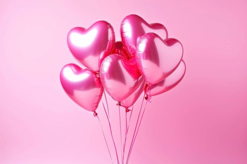 Bunch of glossy pink heart-shaped balloons against a soft pink background, perfect for Valentine's