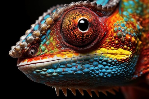 Vibrant close-up image capturing the intricate details and vibrant colors of a chameleon against a