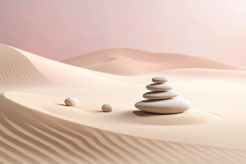 Zen stones stack on raked sand in a minimalist setting for balance and harmony. Balance, harmony,