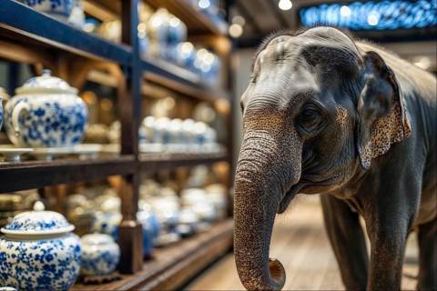 An elephant (Elephas maximus indicus) stands peacefully between shelves full of blue-patterned
