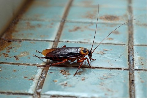 A cockroach (Blattodea) explores a tiled, dirty floor, AI generated, AI generated