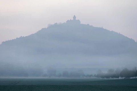 Wachsenburg Fortress in the morning mist, Thuringia, Germany, Europe
