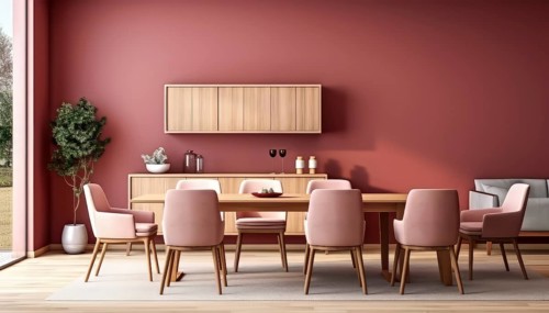 Warm dining room with a maroon wall, wooden details, and blush-toned chairs, AI generated