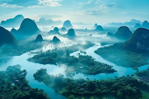 Surrealist aerial view of the Li River at Guilin, China, AI Generated, AI generated, Asia