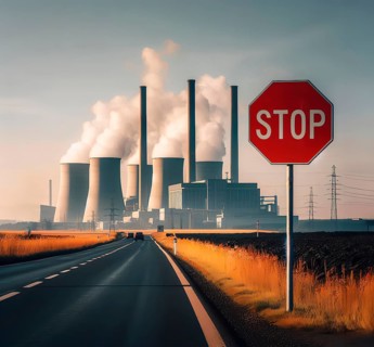 Climate change, climate crisis, global warming, symbolic image, a stop sign, a power plant with