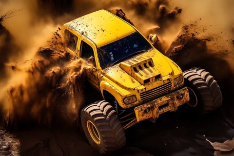 A dynamic aerial view of monster truck, with large tires, making its way off-road through rough