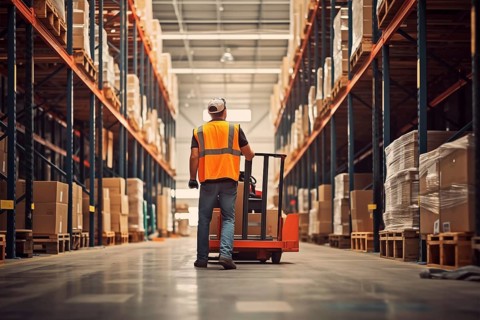 A worker in a reflective vest operates a forklift in a well-lit warehouse, navigating through