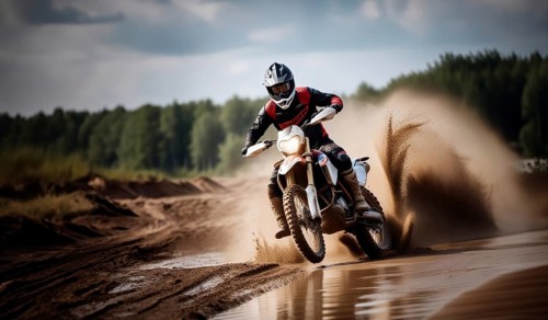 Motocross on an enduro motorcycle through mud and sand, a motorcyclist in gear and a helmet rides
