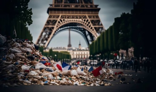 Garbage on the streets of Paris after sports competitions and concerts. Concept of the Olympic