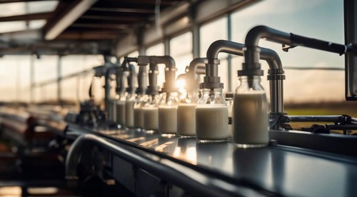Plant for the production of milk and dairy products, conveyor belt with bottles of milk, AI