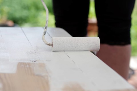 Paint roller, paint, wood, surface, craftsman, apply, restore, New white paint is applied to a