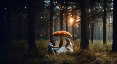 Couple resting in the forest under mushrooms, the concept of a fly agaric psilocybin trip, AI