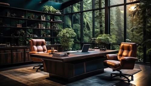 Modern and luxurious office with leather chairs, wooden desk and bookshelves, overlooking a forest