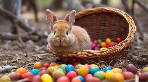 A rabbit sits near a basket spilling colorful Easter eggs onto the ground in a festive spring