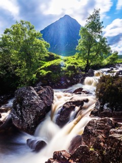 Waterfall under Buachaille Etive Mor, River Coupall, Glen Etive and River Etive, Highlands,
